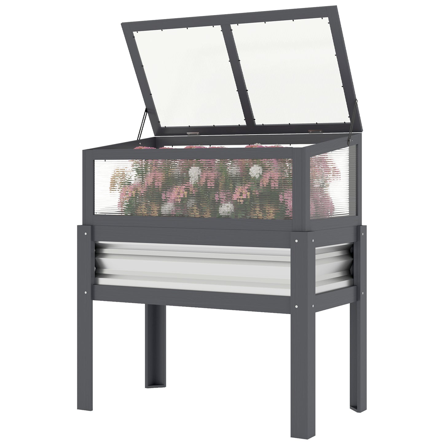 Raised Garden Bed with Flip-Up Greenhouse Top, Wooden Elevated Planter Box with Legs and Liner, Grey