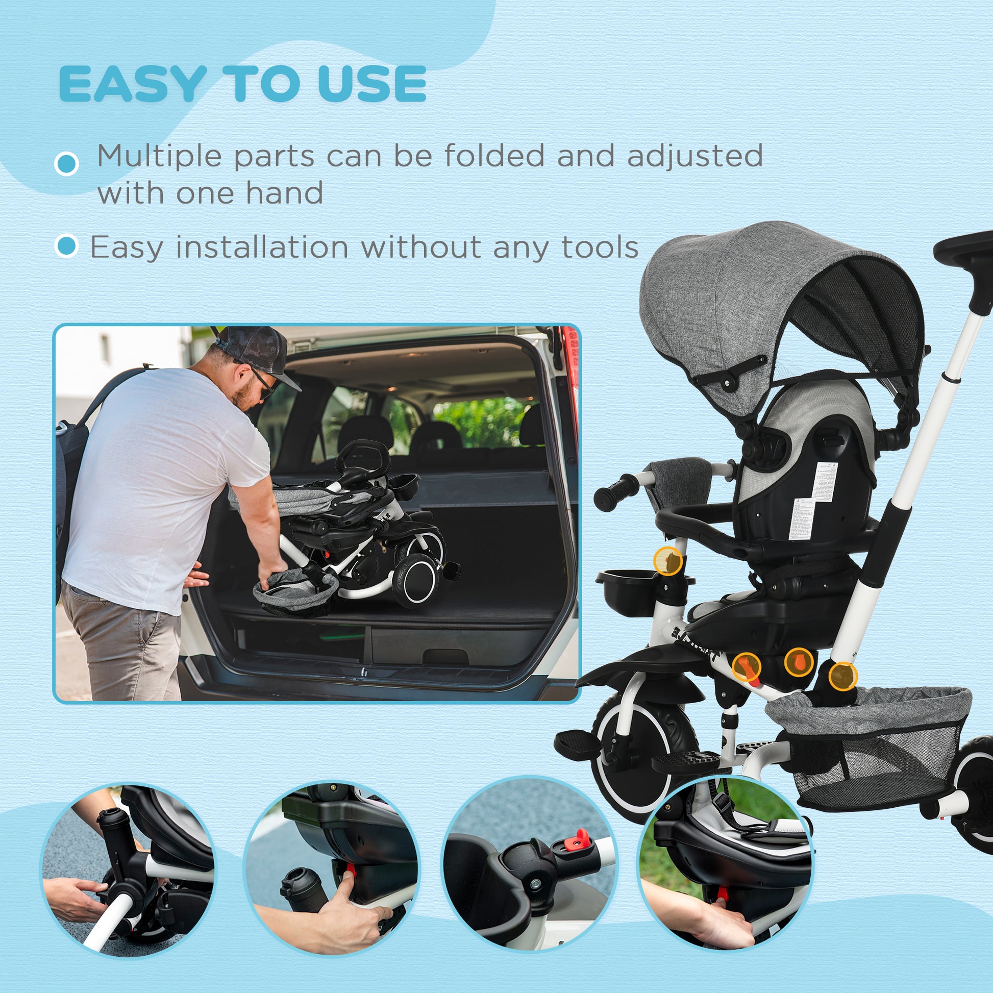 Aosom Tricycle for Toddler 6-in-1 Kids Trike, Foldable Converts Stroller to Baby Push Bike, Adjustable Backrest with Detachable Guardrail & Handle, Brake for 1-4 Years Old, Grey
