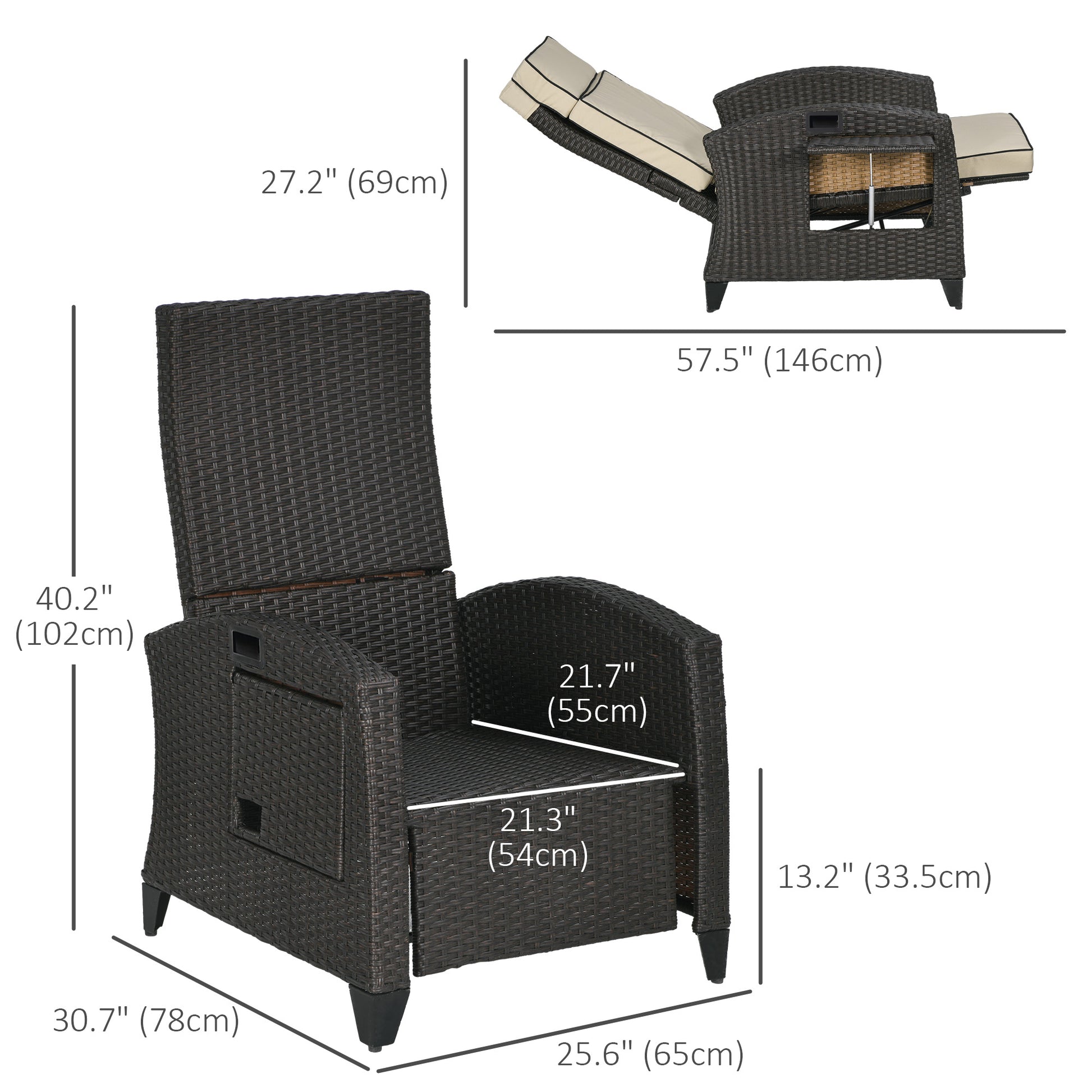 Outdoor Recliner Chair with Adjustable Backrest and Footrest, Washable Cushion, Side Tray, Up to 352 lbs, Khaki