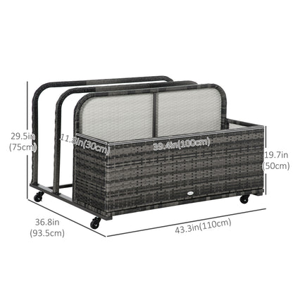 Rolling Pool Storage Rattan Patio Furniture Outdoor Storage Wicker Organizer for Floats, Paddles, Balls, Towels, Grey