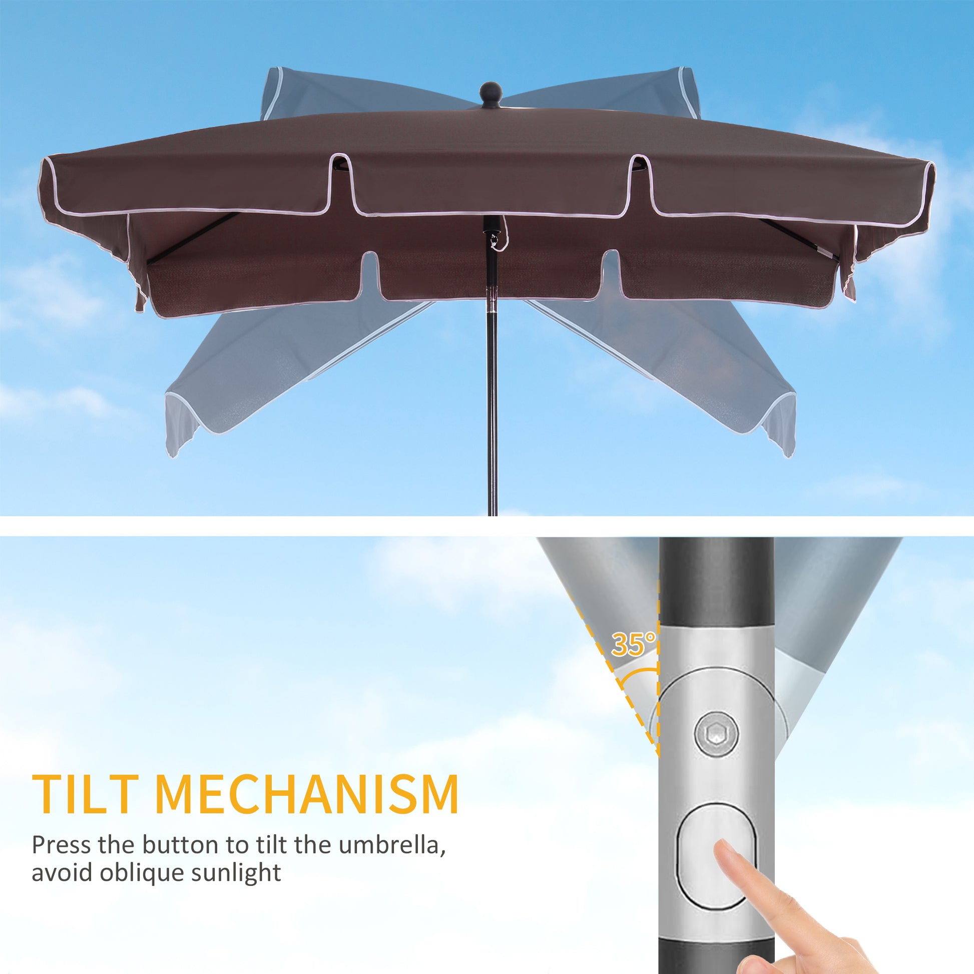 6.5x4ft Rectangle Patio Umbrella Aluminum Tilt Adjustable Garden Parasol Sun Shade Outdoor Canopy Coffee