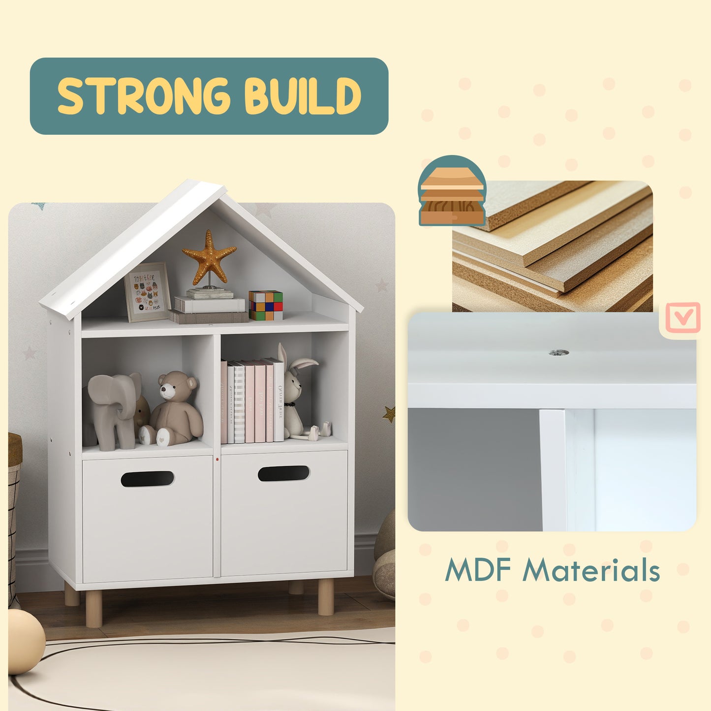Qaba 3 Tier Kids Bookshelf with Two Drawers, for Bedroom, Kids Room, White