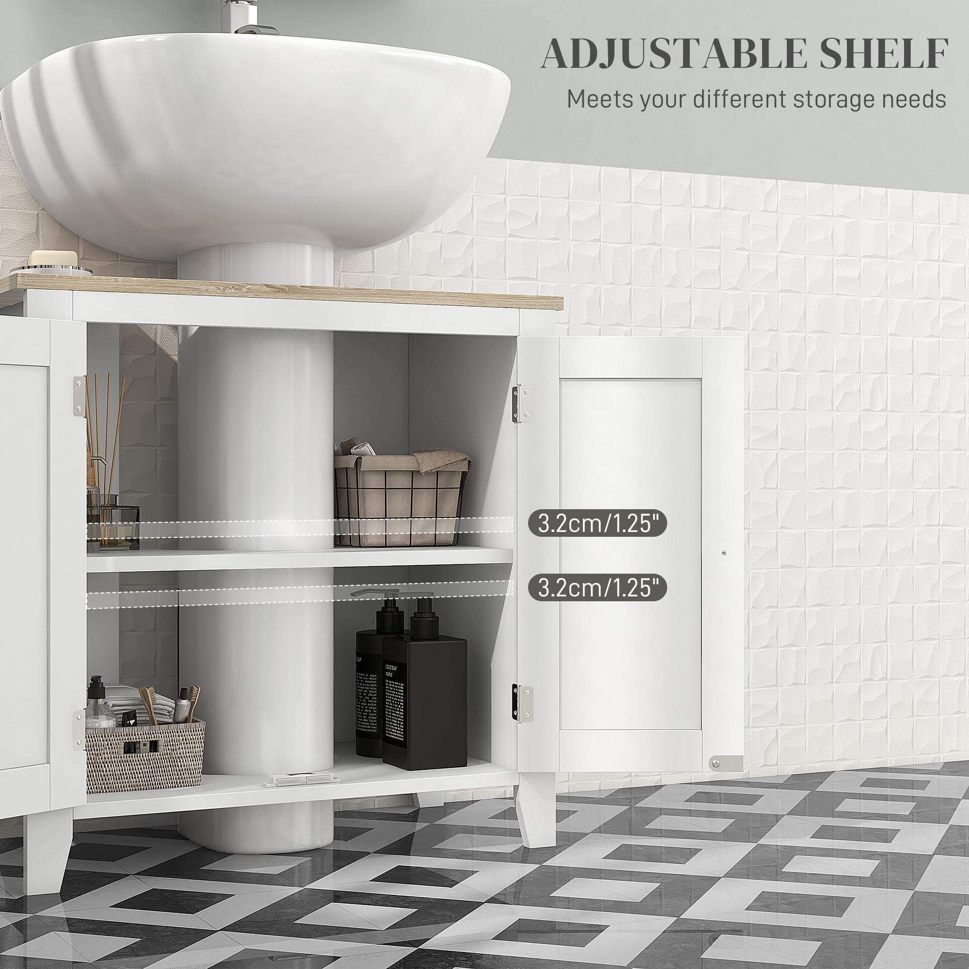 Bathroom Sink Vanity Unit, Under Sink Bathroom Cabinet with U-Shape Design and Adjustable Shelf, White