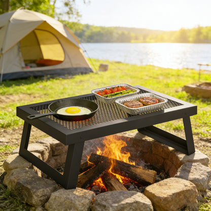Folding Campfire Grill, 22" x 12" Heavy Duty Carbon Steel Grill Grate with Folding Legs, Black