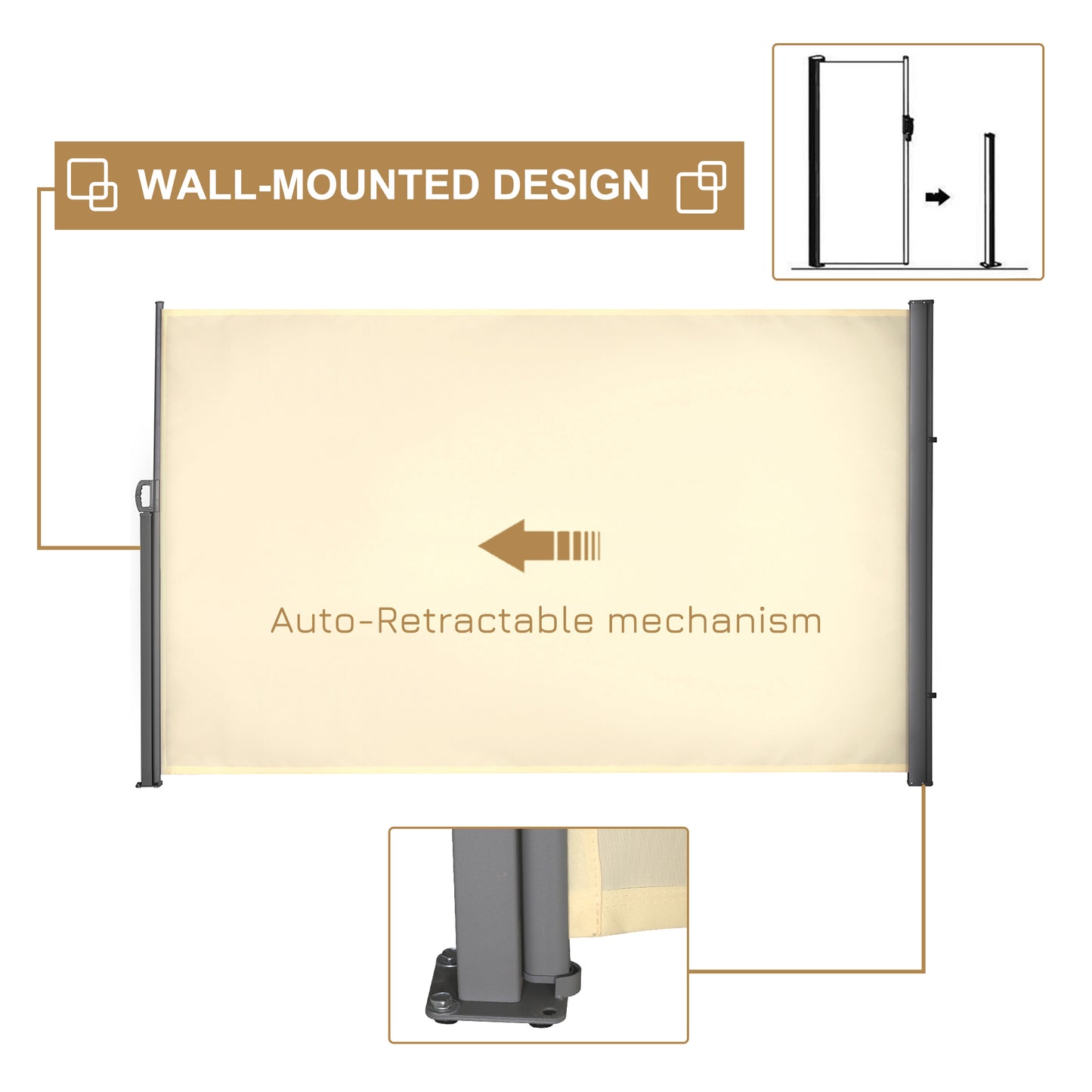 118" x 71" Outdoor Folding Privacy Screen Retractable Side Awning Patio with Resistance to UV Rays and Wind Cream White