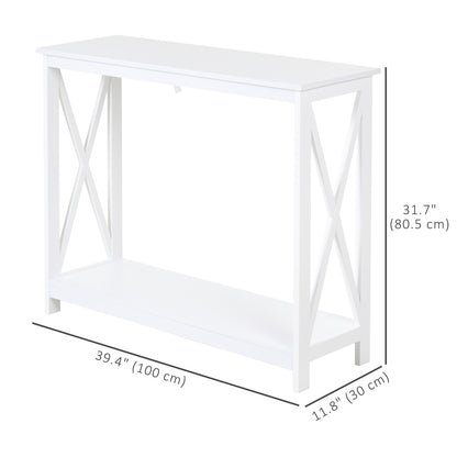 40" Console Table, 2 Tier X-Design Narrow Entryway Table with Storage Shelf for Behind Couch, Living Room, Hallway, White
