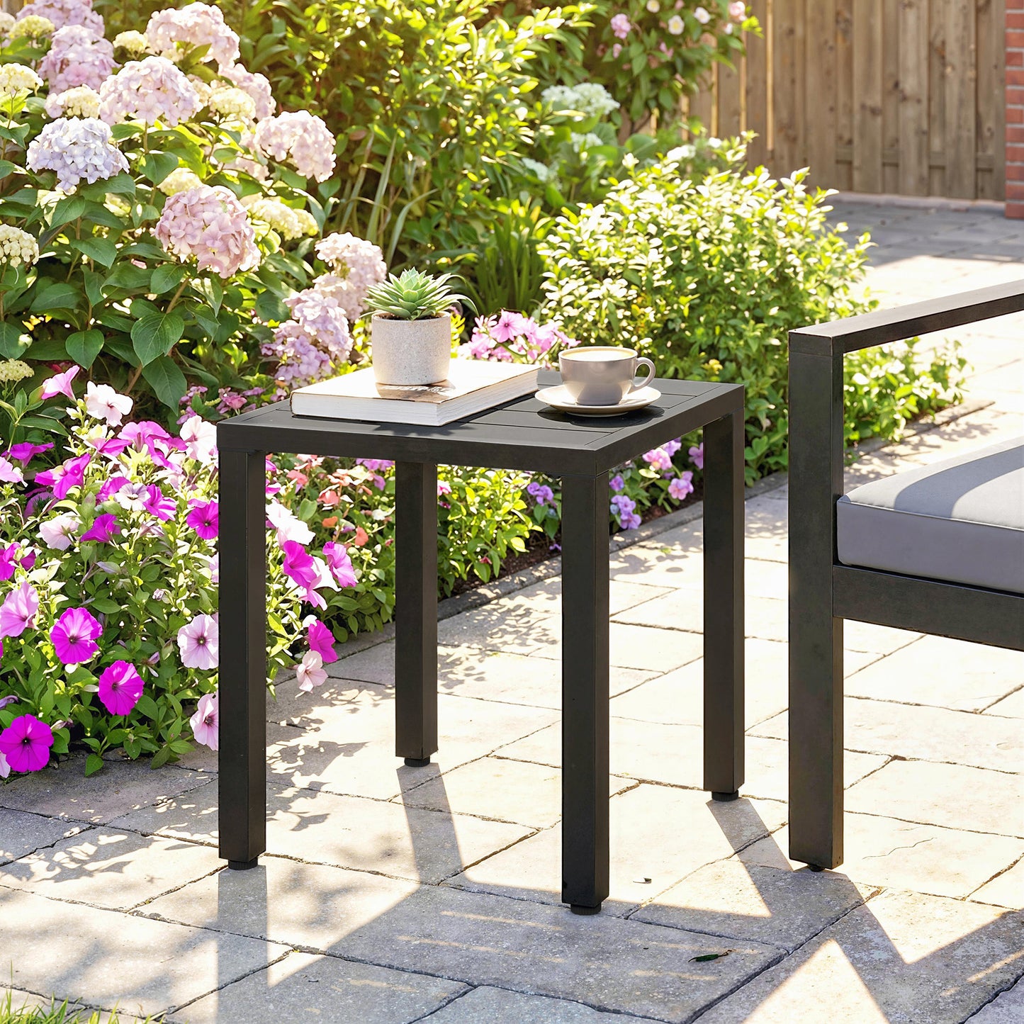 Metal Outdoor Side Table, 45.5 cm Square Patio Side Table, Small Accent Table for Garden, Poolside, Black
