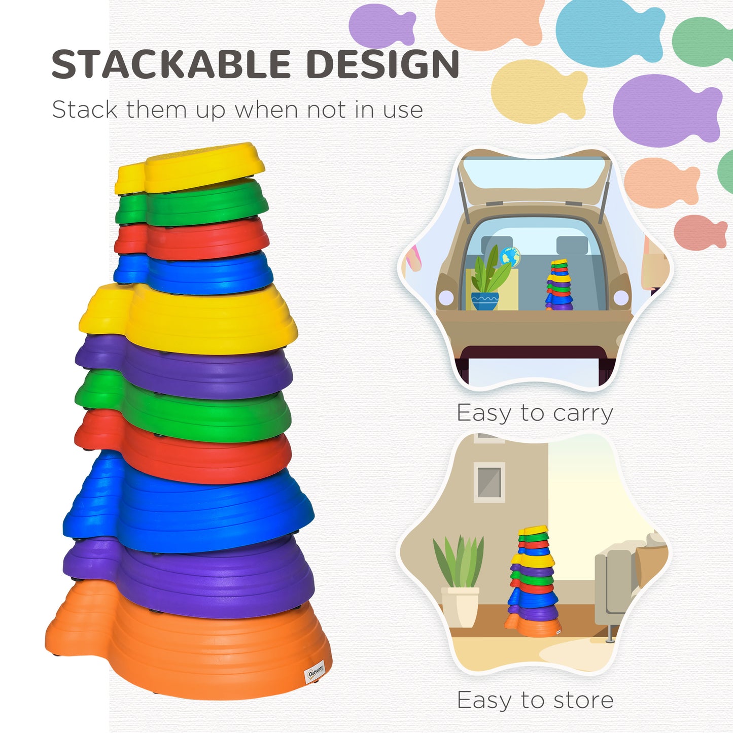 11pcs Balance Stepping Stones for Kids, Fish Style Non-slip Obstacle Course, Larger Size Stackable Balance Blocks Indoor Outdoor