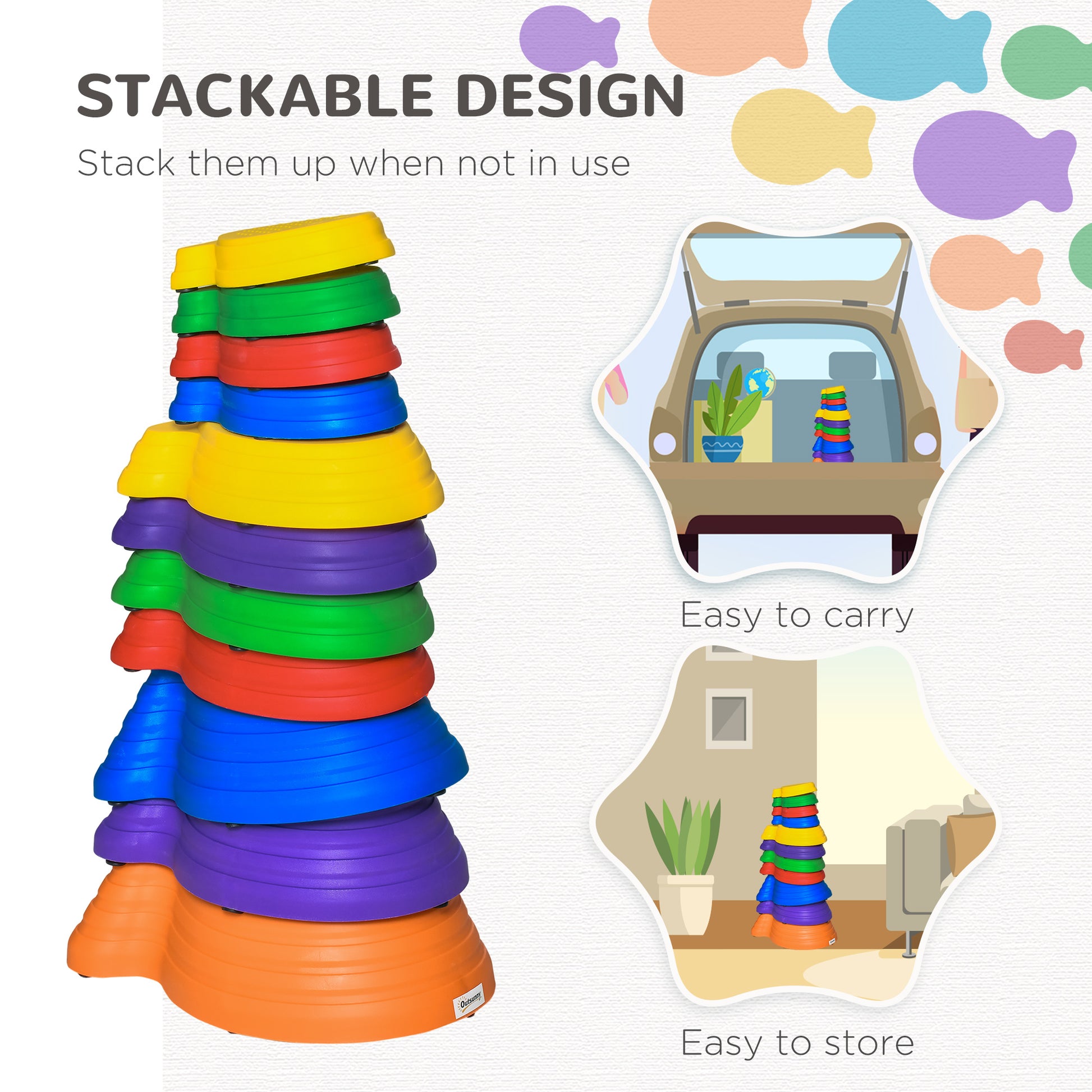 11pcs Balance Stepping Stones for Kids, Fish Style Non-slip Obstacle Course, Larger Size Stackable Balance Blocks Indoor Outdoor