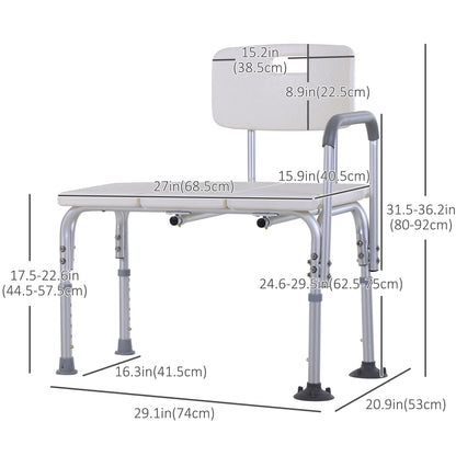 6-Level Adjustable Bath and Shower Transfer Bench Aluminum Chair with Non-Slip Feet, Armrest & Backrest White