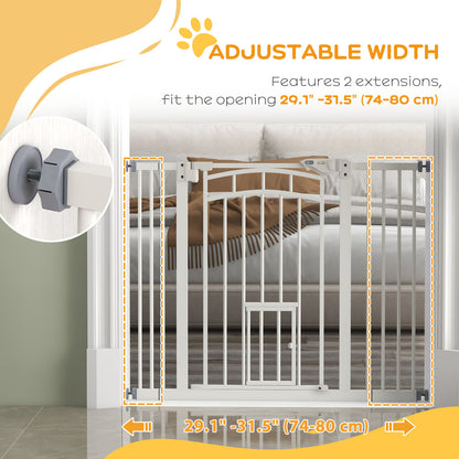 Auto-Close Pet Gate, Stair Gate with Cat Door, Double Locking for Doorways Hallways Stairs, Fits 29"-39.4" Wide, White