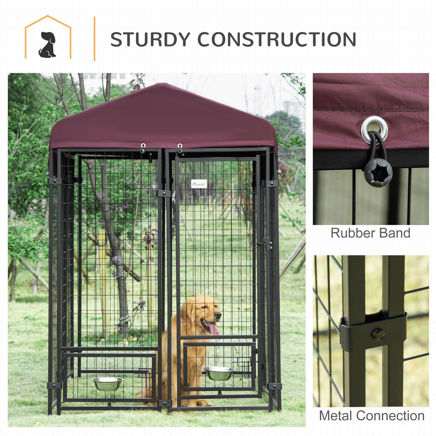 Outdoor Dog Kennel, Lockable Pet Playpen Crate, Welded Wire Steel Fence, Rotating Bowl Holders, Red