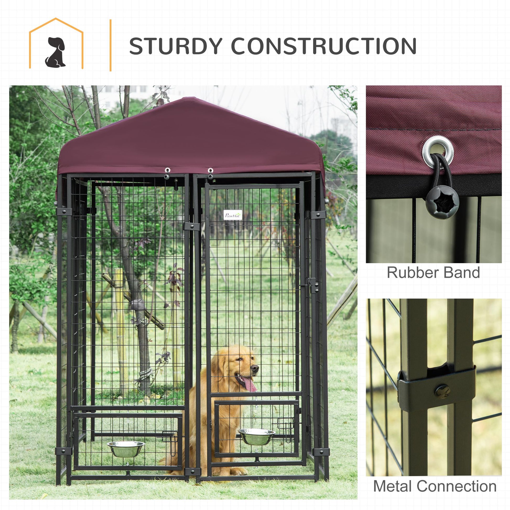 Outdoor Dog Kennel, Lockable Pet Playpen Crate, Welded Wire Steel Fence, Rotating Bowl Holders, Red