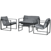 4 Piece Outdoor Furniture Set, Patio Conversation Set with Tempered Glass Table, Loveseat, 2 Chairs and Cushions, Grey