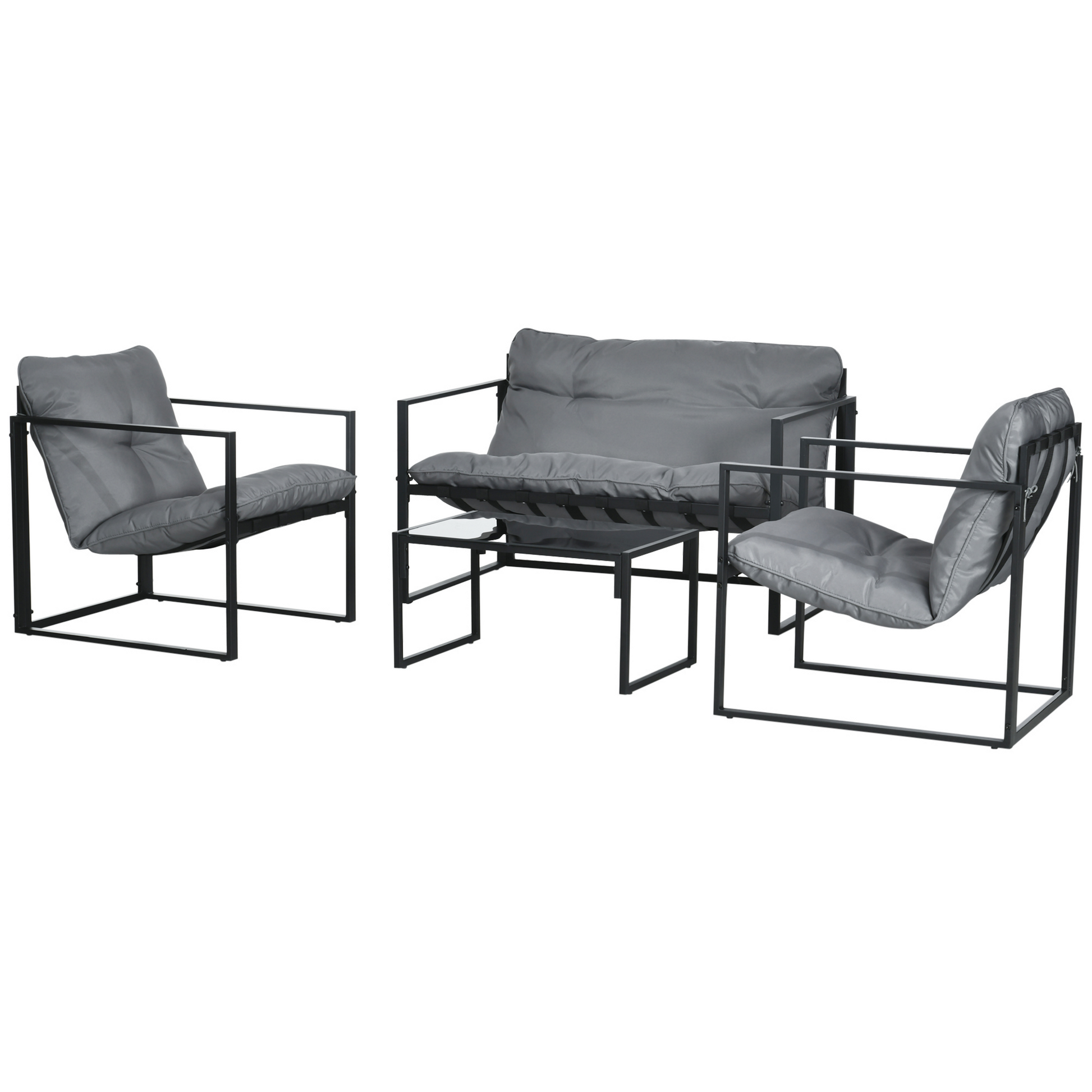 4 Piece Outdoor Furniture Set, Patio Conversation Set with Tempered Glass Table, Loveseat, 2 Chairs and Cushions, Grey