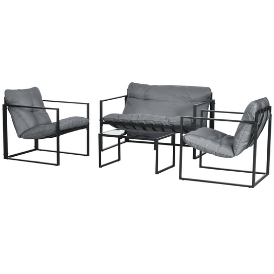 4 Piece Outdoor Furniture Set, Patio Conversation Set with Tempered Glass Table, Loveseat, 2 Chairs and Cushions, Grey