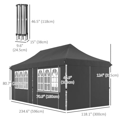 20x10 Pop Up Canopy with 6 Removable Sidewall, Carry Bag and 6 Sand Bags, Height Adjustable Instant Sun Shelter, Grey