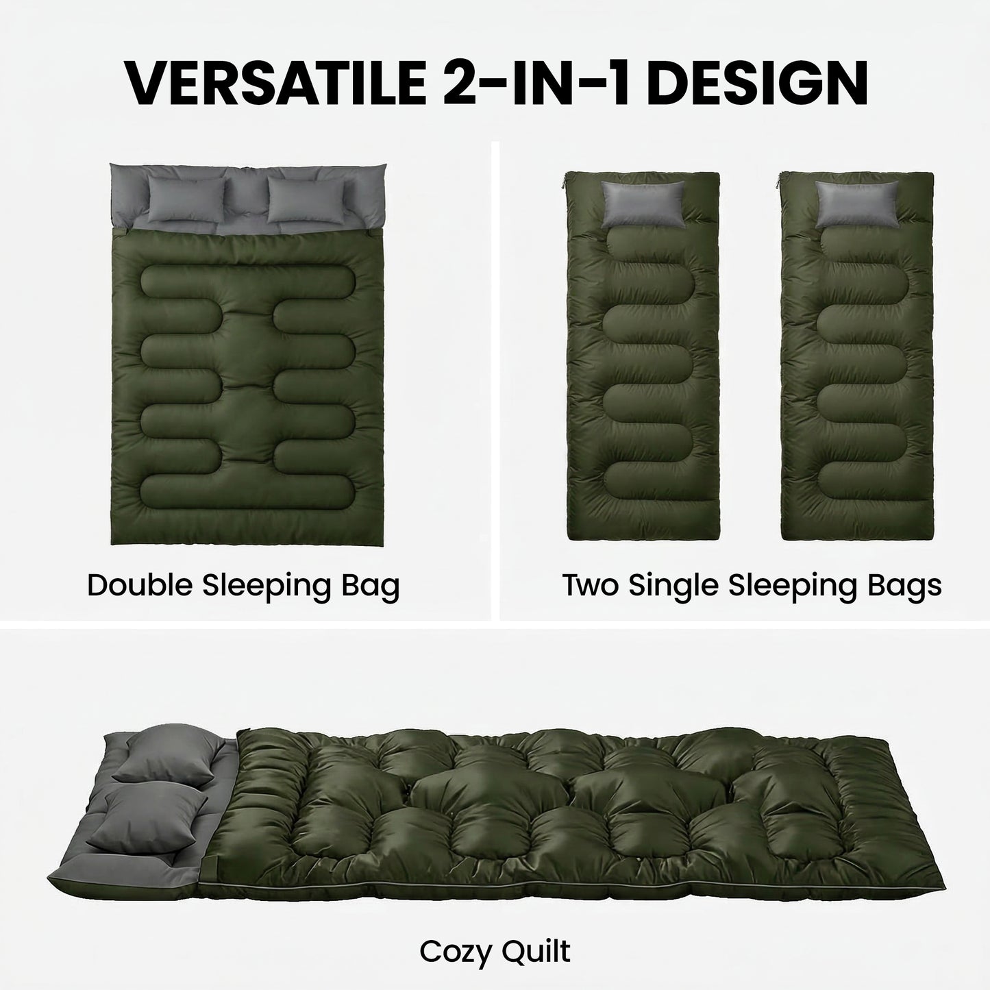 Double Sleeping Bag for Adults, Queen Size 2 Person Sleeping Bag with 2 Pillows, for Cold Weather & Warm, Green