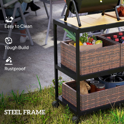 Outdoor Bar Cart with Side Handle, 3-Tier Rolling Cart on Wheels with Removable Rattan Basket, Mixed-Brown