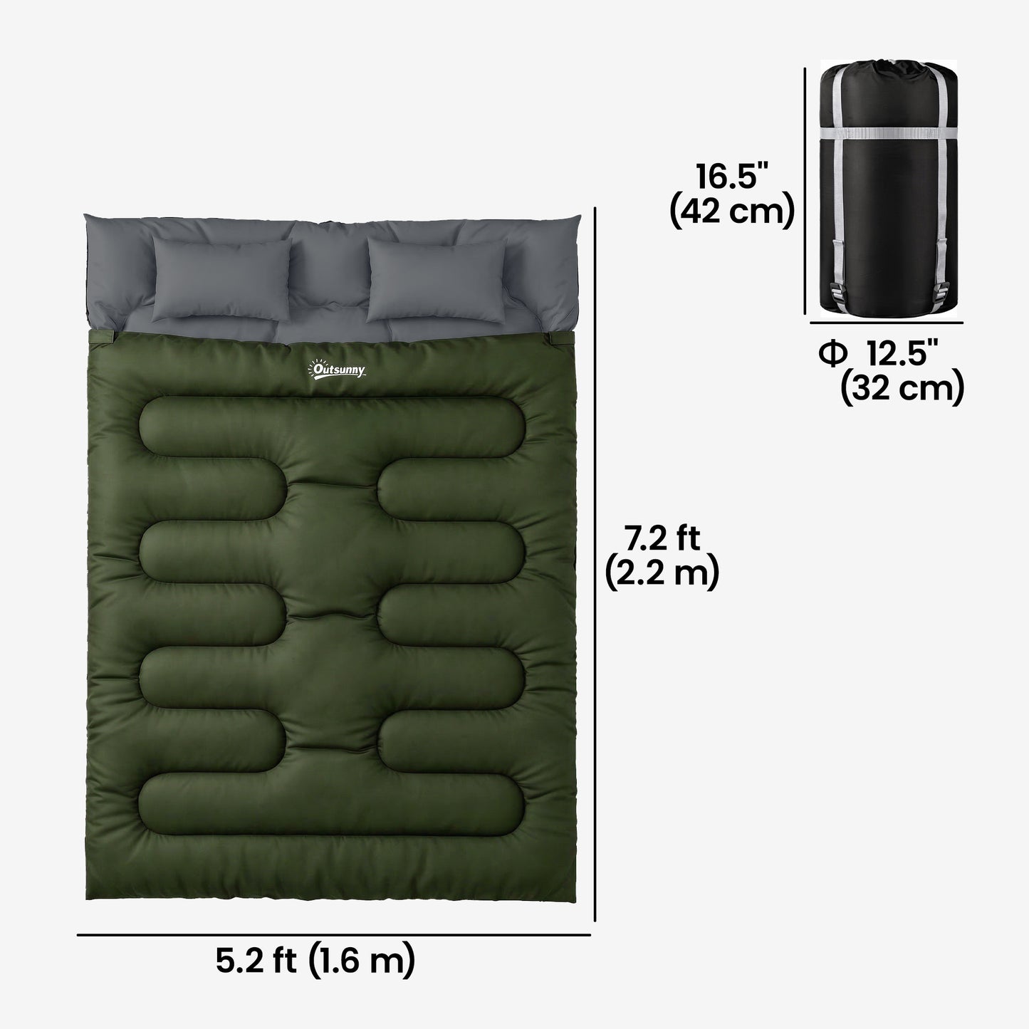 Double Sleeping Bag for Adults, Queen Size 2 Person Sleeping Bag with 2 Pillows, for Cold Weather & Warm, Green