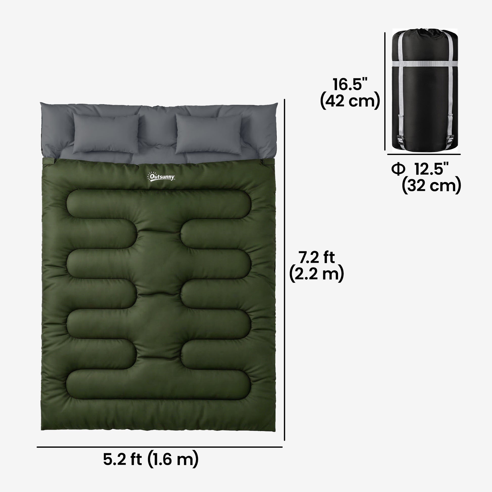 Double Sleeping Bag for Adults, Queen Size 2 Person Sleeping Bag with 2 Pillows, for Cold Weather & Warm, Green