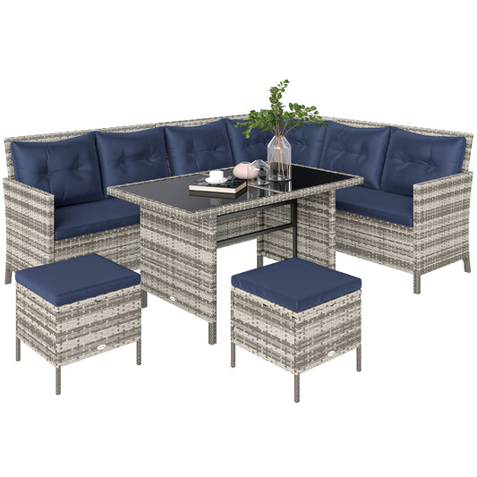 6pcs Outdoor Rattan Sofa Set Garden Wicker Sectional Couch Furniture Set with Dining Table and Chair Deep Blue