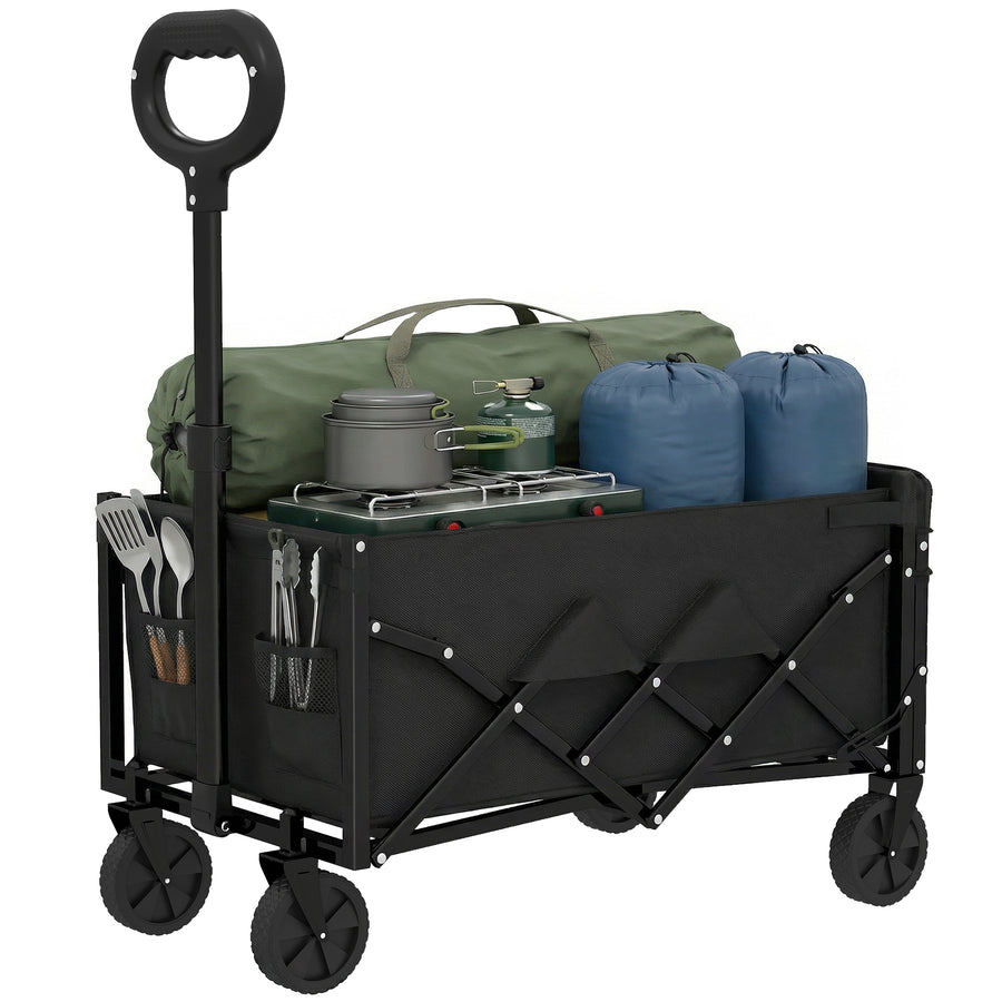 16 Gallon Folding Wagon Cart with Wheels, Heavy-Duty Collapsible Wagon with Drop-Down Tailgate, Black