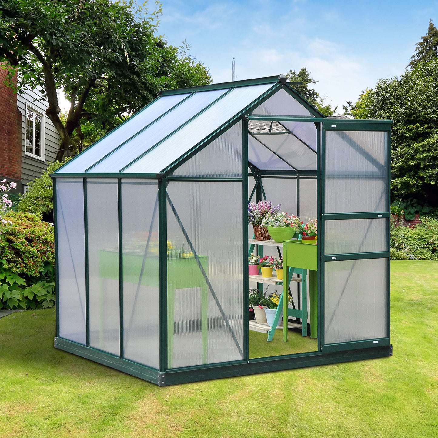 6.2' x 6.3' x 6.6' Clear Polycarbonate Greenhouse Large Walk-In Green House Garden Plants Grow Galvanized Base Aluminium Frame w/ Slide Door
