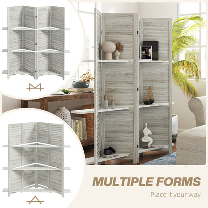 4-Panel Wall Partition Room Separator with 3 Storage Shelves Foldable Design Wooden Frame 5.6FT Distressed White