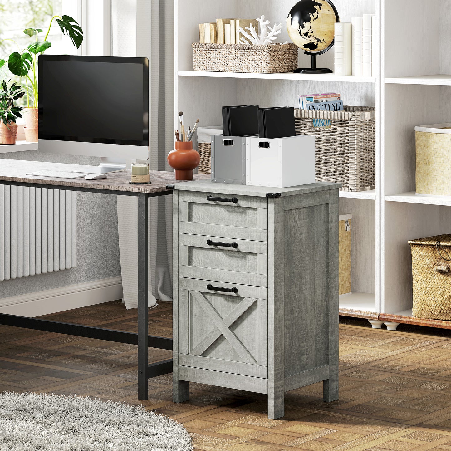 Vertical Filing Cabinet with 3 Drawers, Rustic Farmhouse Office Storage Cabinet for A4, Letter Size, Stone Grey