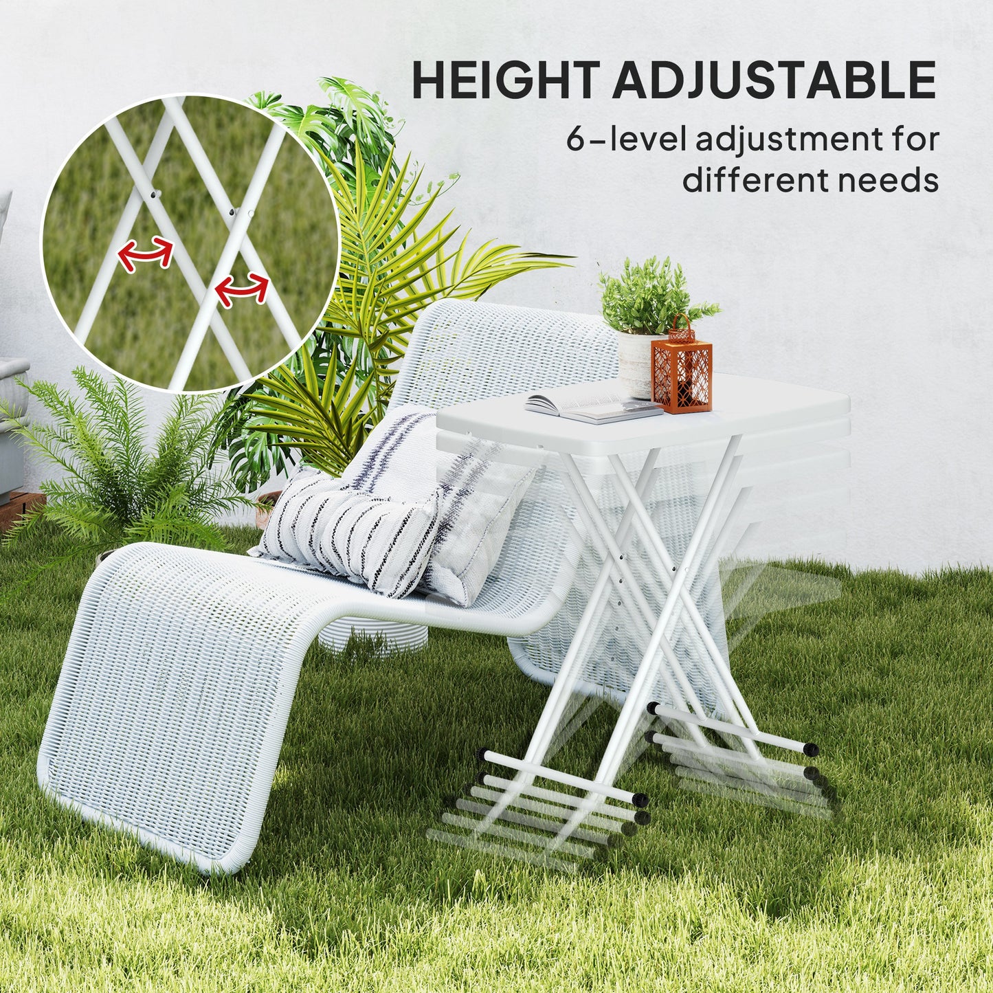Portable Patio Side Table, Height Adjustable Outdoor Side Table, Folding Balcony Table with HDPE Top and Metal Frame for Balcony Poolside Deck, White