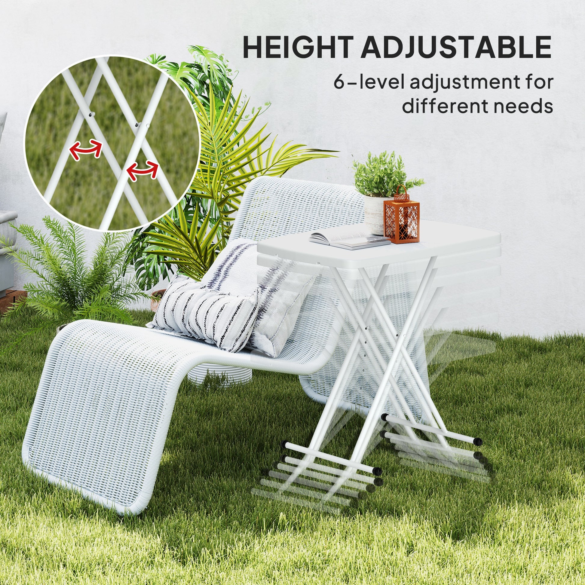 Portable Patio Side Table, Height Adjustable Outdoor Side Table, Folding Balcony Table with HDPE Top and Metal Frame for Balcony Poolside Deck, White