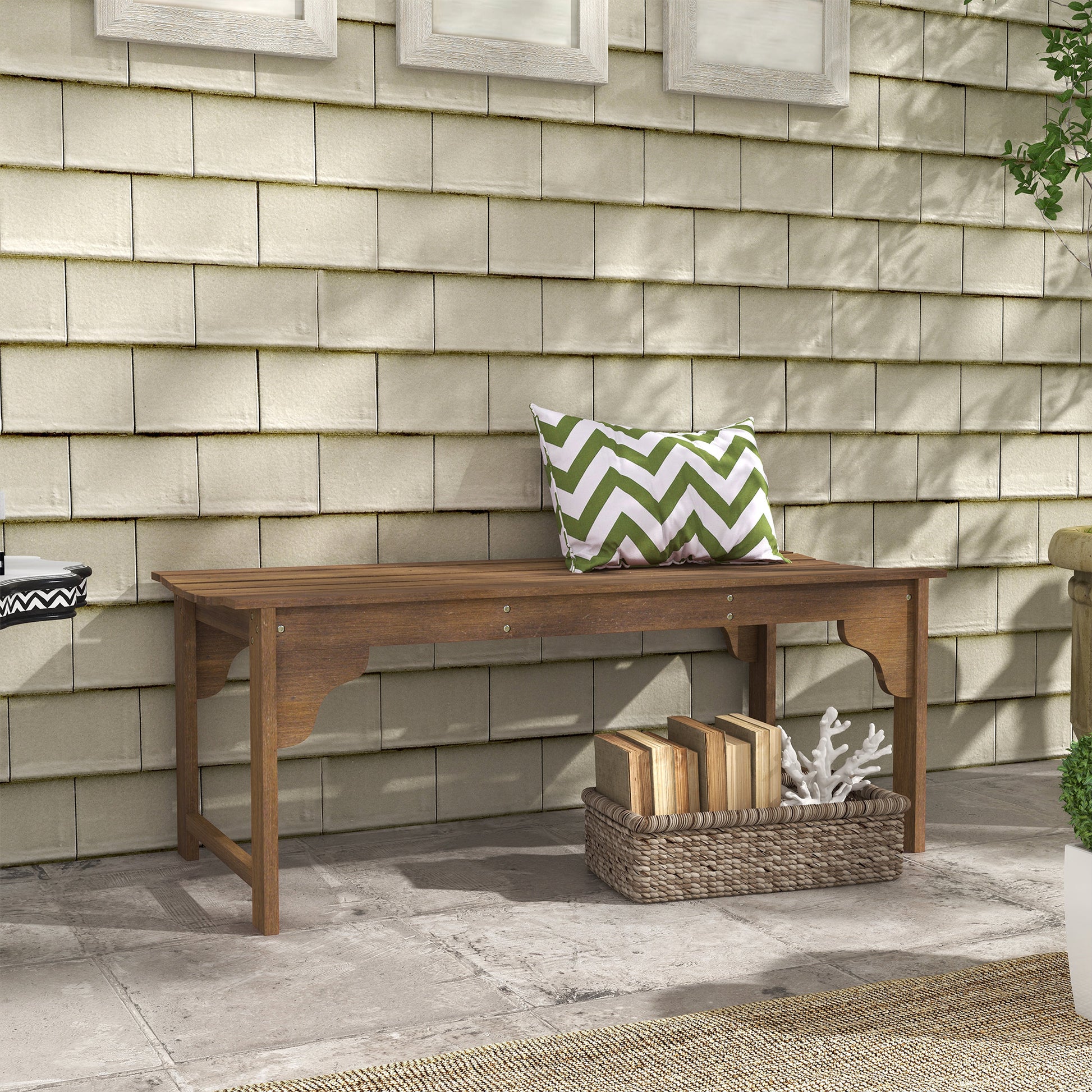 Wooden Garden Bench, Patio Double Park Bench with Slatted Seat, Front Porch Backless Bench, Teak