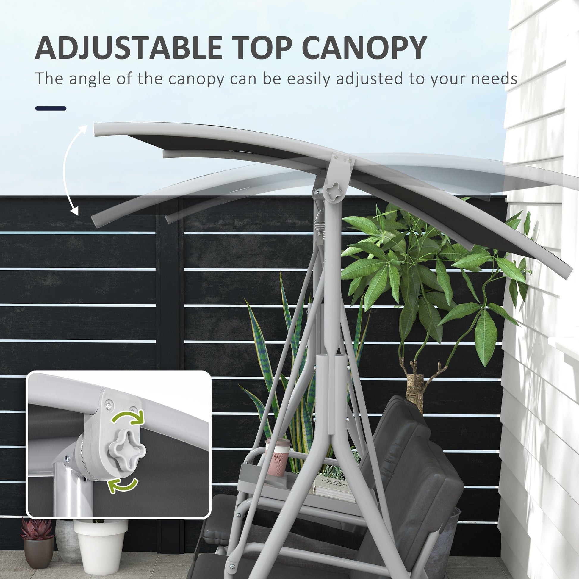 2-Seater Outdoor Porch Swing with Adjustable Canopy and Table, Patio Swing Chair for Garden, Poolside, Backyard, Grey