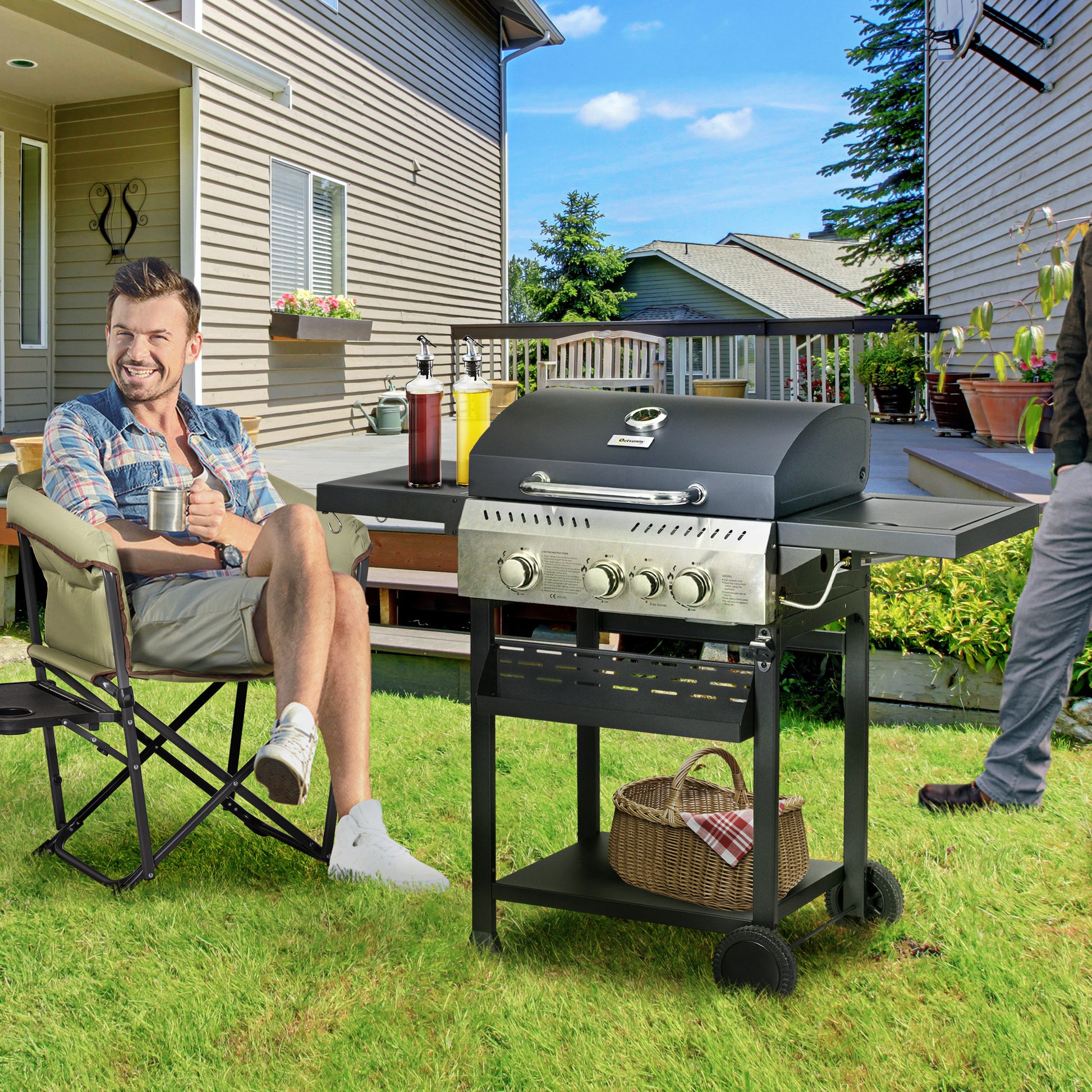 38,000 BTU Propane Gas Grill BBQ Cart with 3 Main Burners, 1 Side Burner, with Warming Rack, Side Prep Tables, Black
