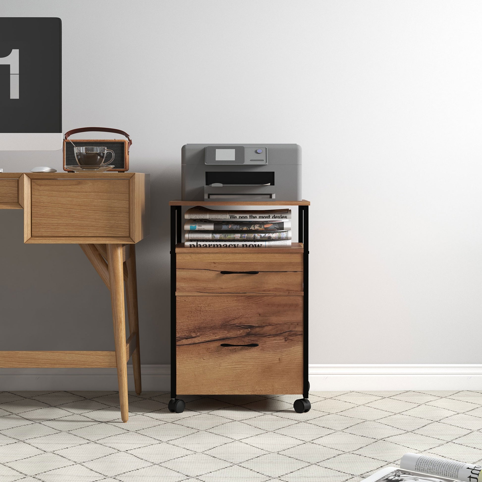 Vertical Filing Cabinet with Wheels, 26.2" Tall File Cabinet with 2 Drawers, Open Shelf, Hanging Bars for Letter and A4, Industrial Home Office Printer Stand, Rustic Brown