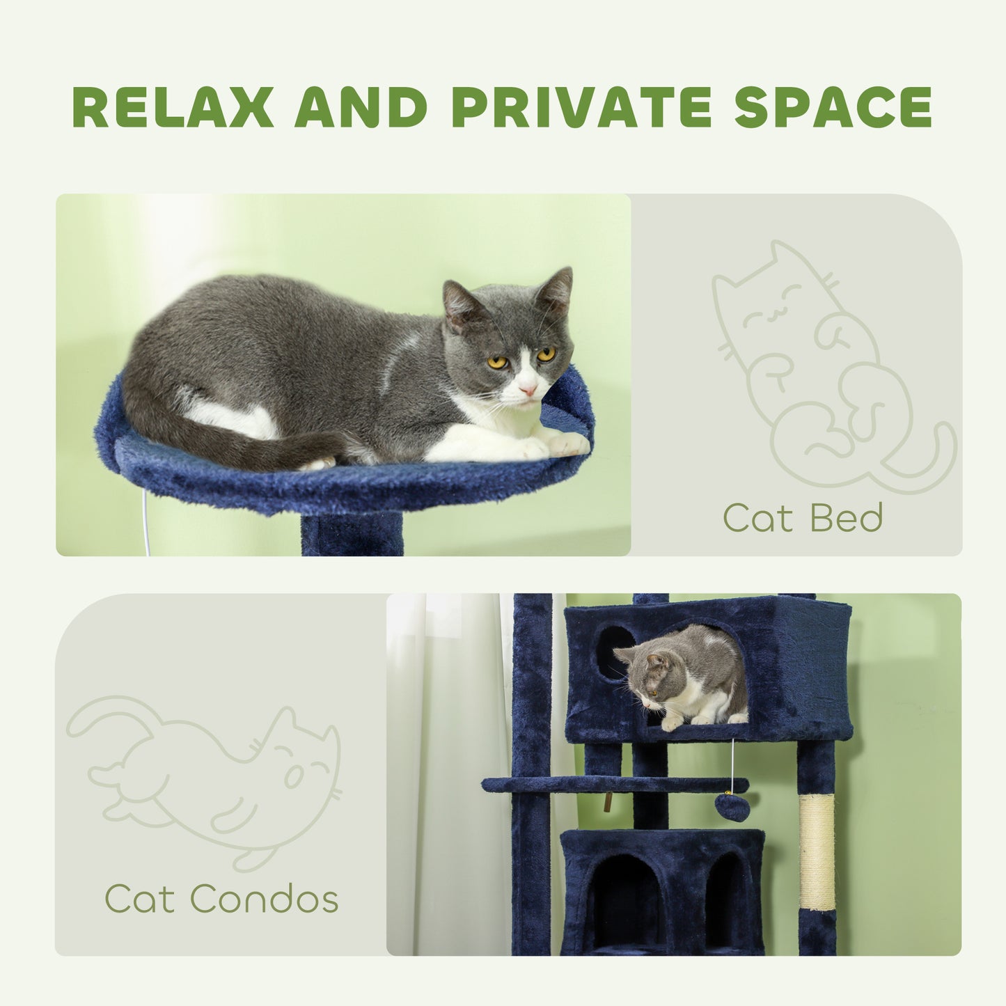 54" Cat Tree, Multi-Level Cat Tower with Scratching Posts, Cat Condos, Bed, Platforms, Ramp, Toy Ball, Dark Blue