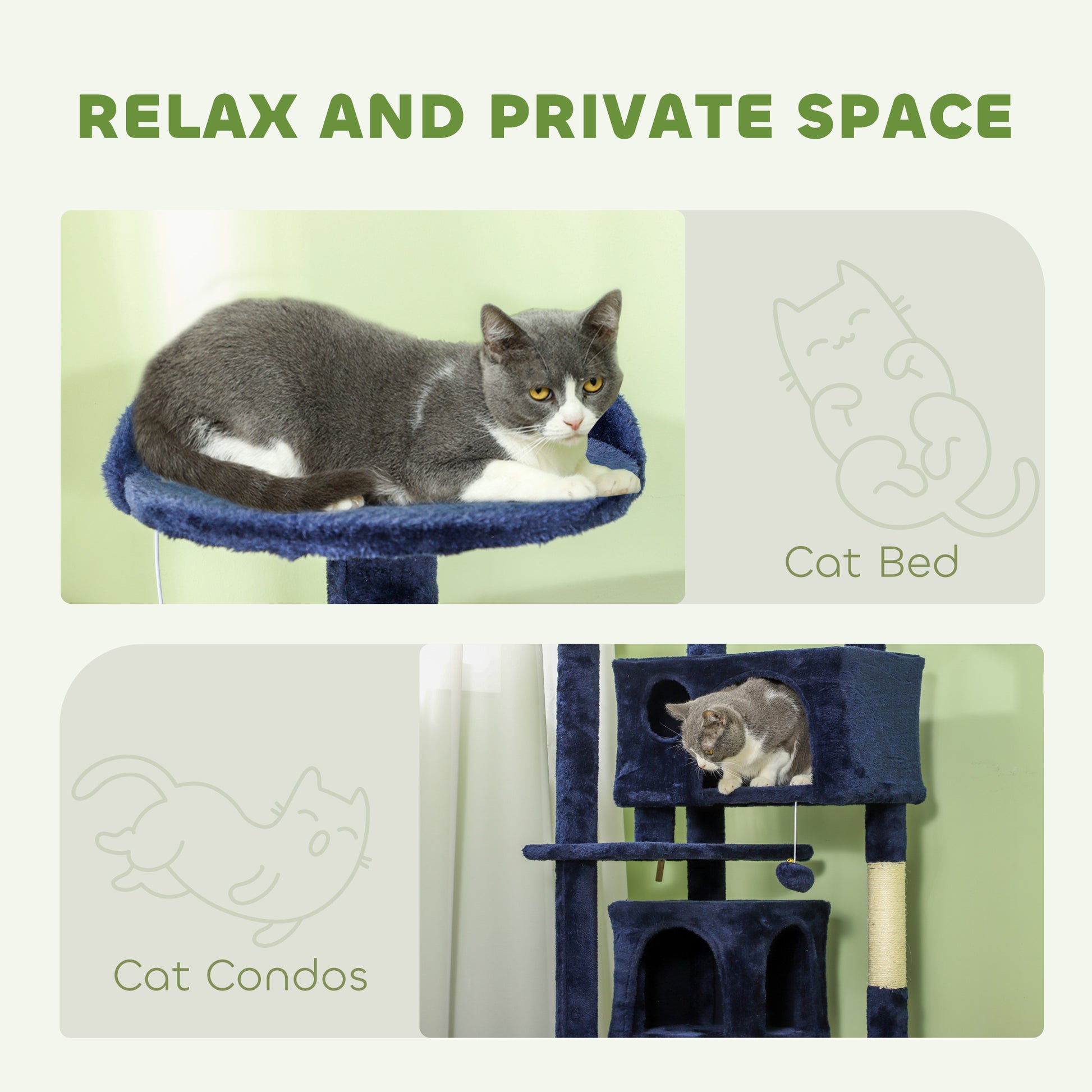 54" Cat Tree, Multi-Level Cat Tower with Scratching Posts, Cat Condos, Bed, Platforms, Ramp, Toy Ball, Dark Blue