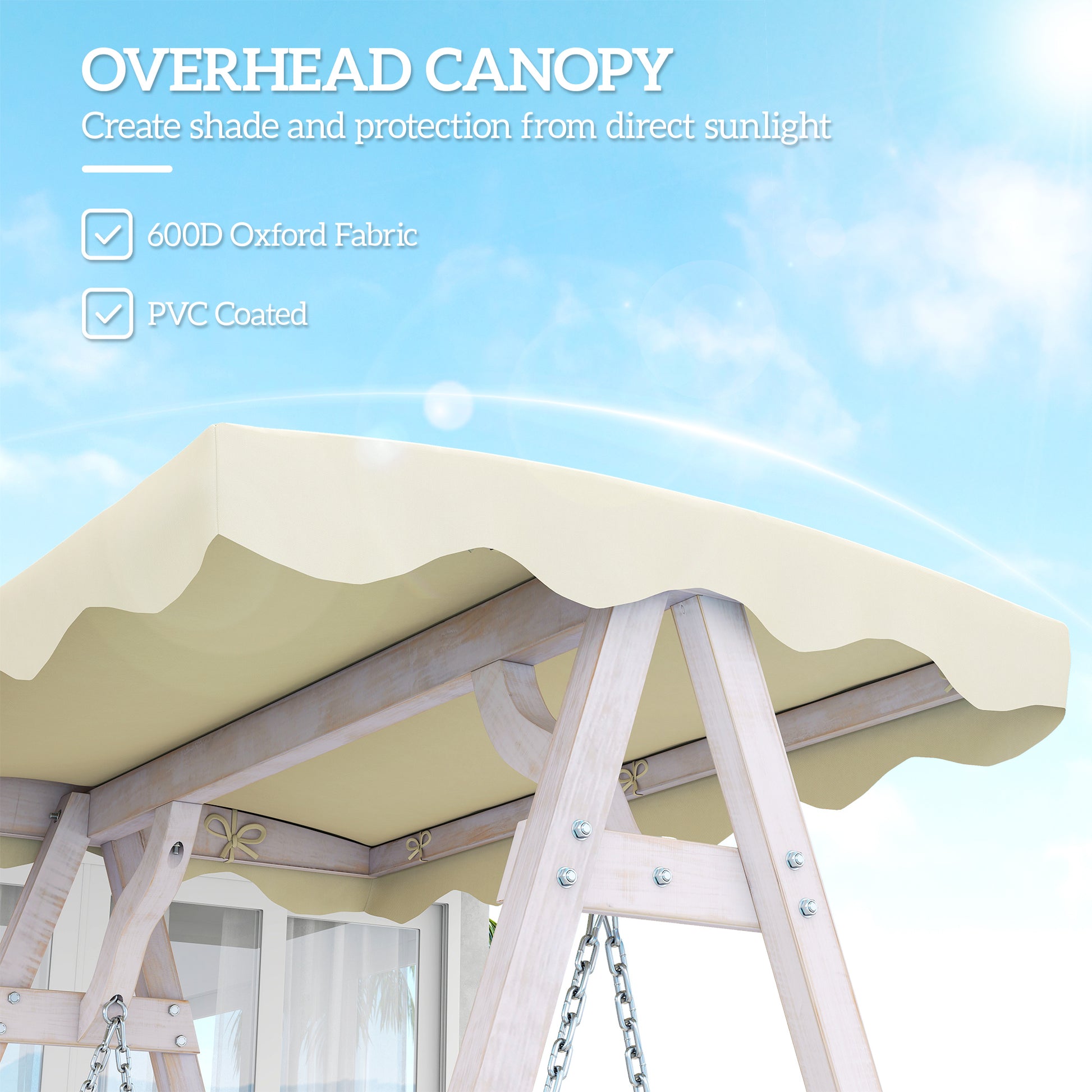 2 Seater Patio Swing with Stand, Canopy and Cushion, Outdoor Swing Chair Wooden Swinging Bench