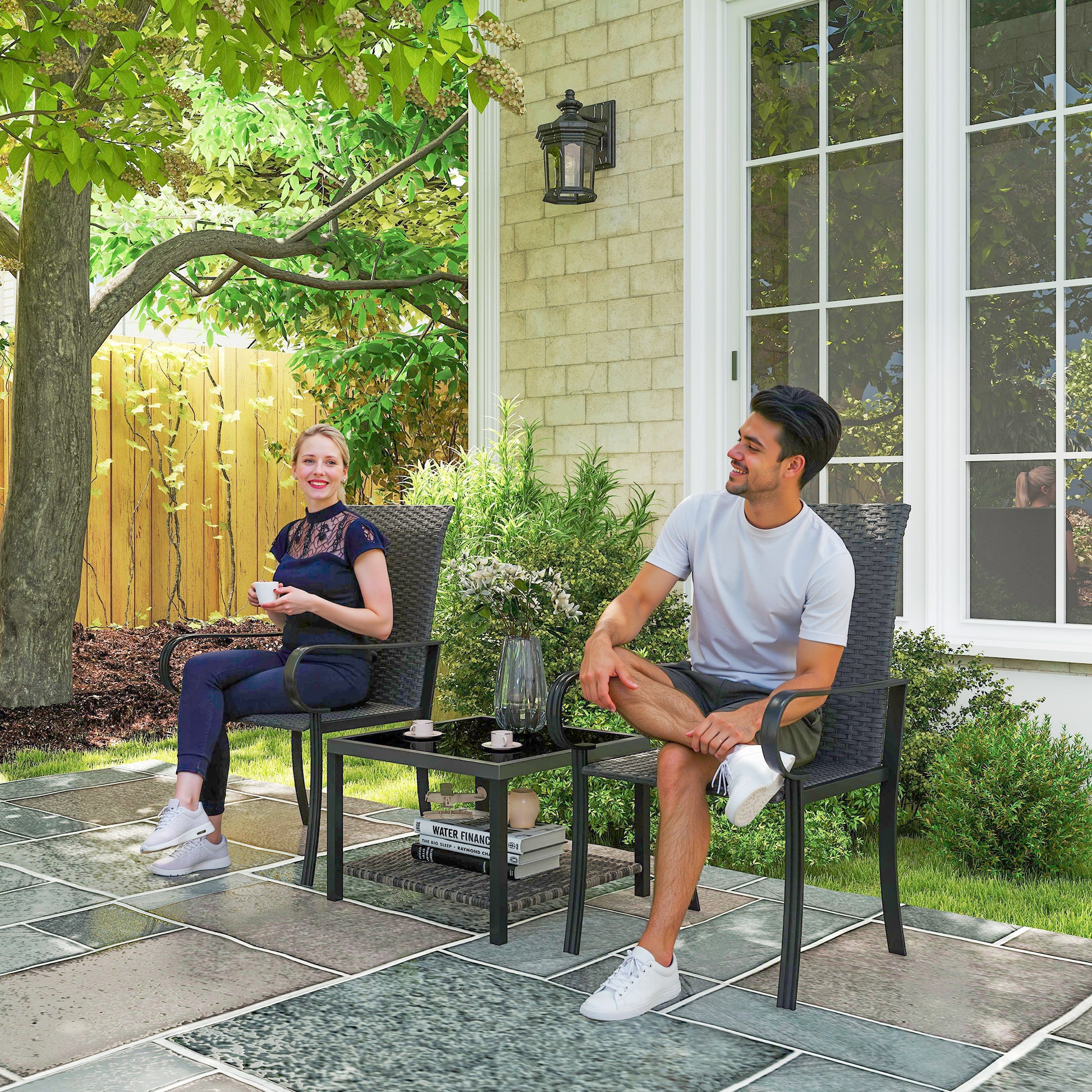 2 Piece PE Rattan Patio Dining Chairs with Steel Frame, for Garden, Backyard, Pool Side, Porch, Black