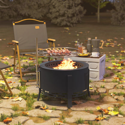 Outdoor Fire Pit, Round Firepit with Grill Grate, Fire Bowl with Ash Catcher and Poker for Backyard Camping Bonfire Picnic, Black