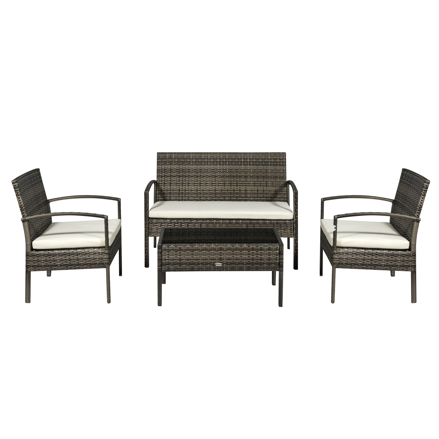 4 Pieces Patio Furniture Sets with A Loveseat, Two Armchairs and A Coffee Table, Outdoor Conversation Set with Glass Top Table, Grey PE Rattan and Cream White Cushions