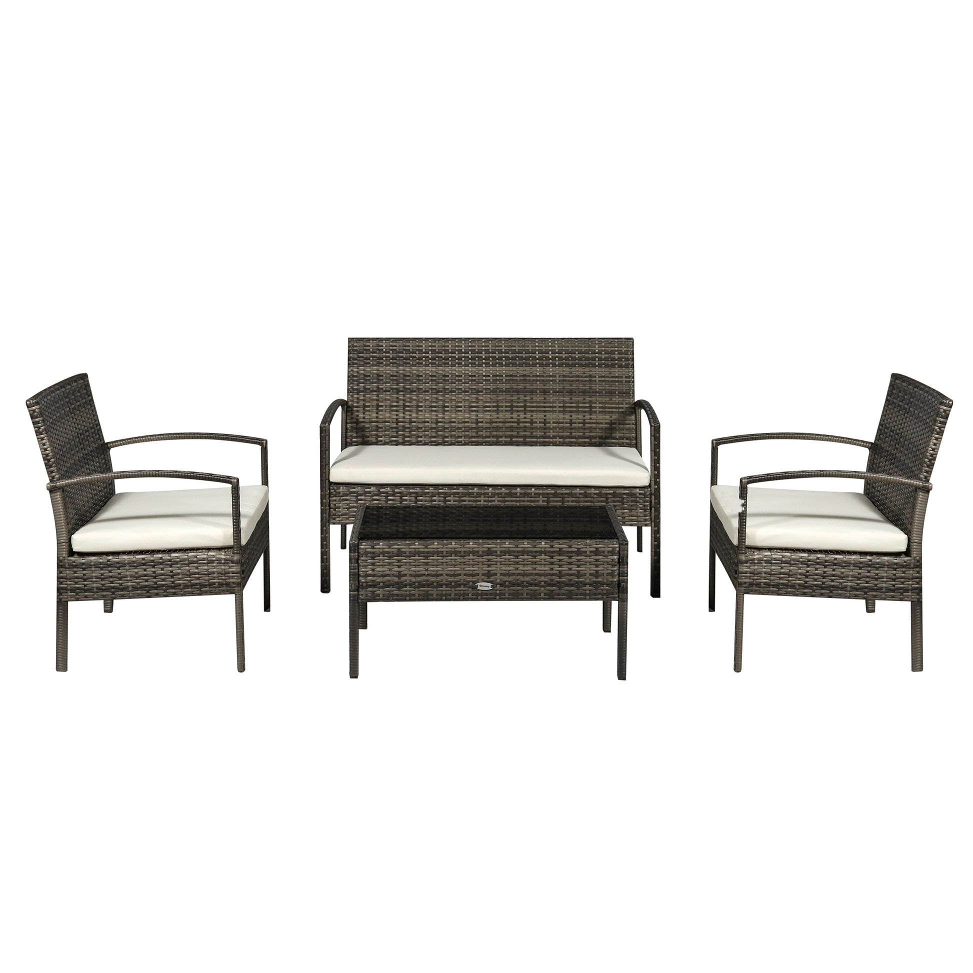 4 Pieces Patio Furniture Sets with A Loveseat, Two Armchairs and A Coffee Table, Outdoor Conversation Set with Glass Top Table, Grey PE Rattan and Cream White Cushions