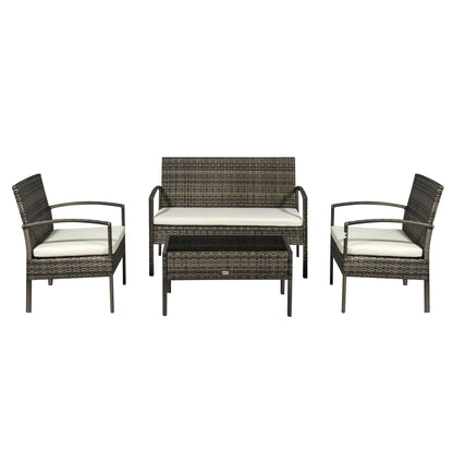 4 Pieces Patio Furniture Sets with A Loveseat, Two Armchairs and A Coffee Table, Outdoor Conversation Set with Glass Top Table, Grey PE Rattan and Cream White Cushions