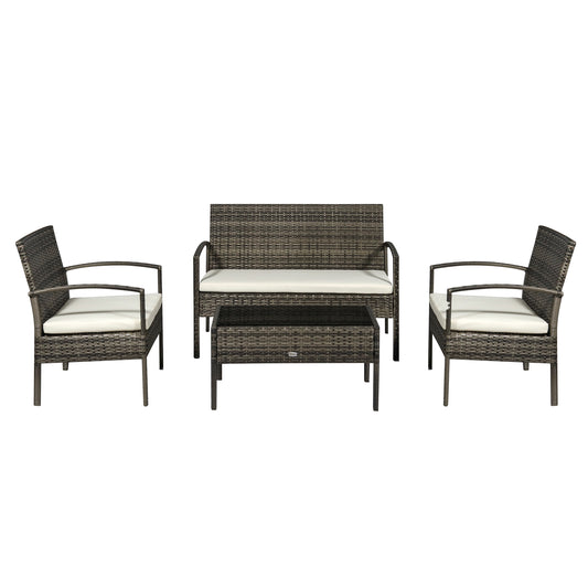 4 Pieces Patio Furniture Sets with A Loveseat, Two Armchairs and A Coffee Table, Outdoor Conversation Set with Glass Top Table, Grey PE Rattan and Cream White Cushions