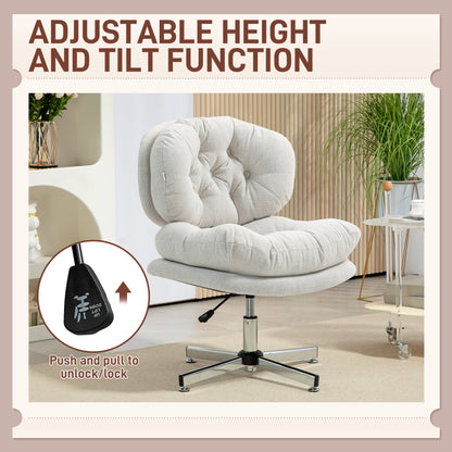 Computer Desk Chair, Armless Office Chair with Wide Padded Seat and Adjustable Height, Cream White