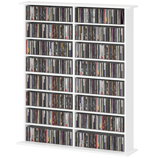 8-Tier DVD Shelf with 12 Adjustable Shelves, Double CD Shelf, Holds 720 CDs, 396 DVDs or 396 Blu-rays, White