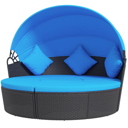 4-piece Round Sofa Bed, Outdoor Daybed with Retractable Canopy, PE Rattan Wicker Patio Lounge Chair