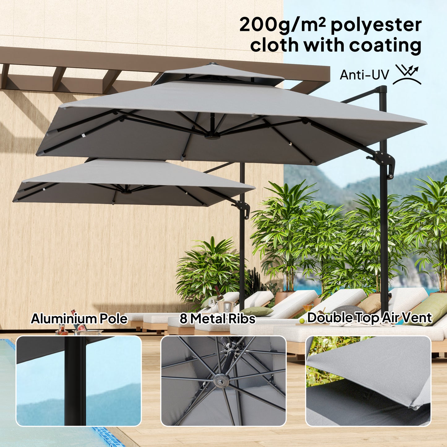 10' x 10' Cantilever Patio Umbrella, Double Top Square Offset Umbrella with 360° Rotation, Light Grey