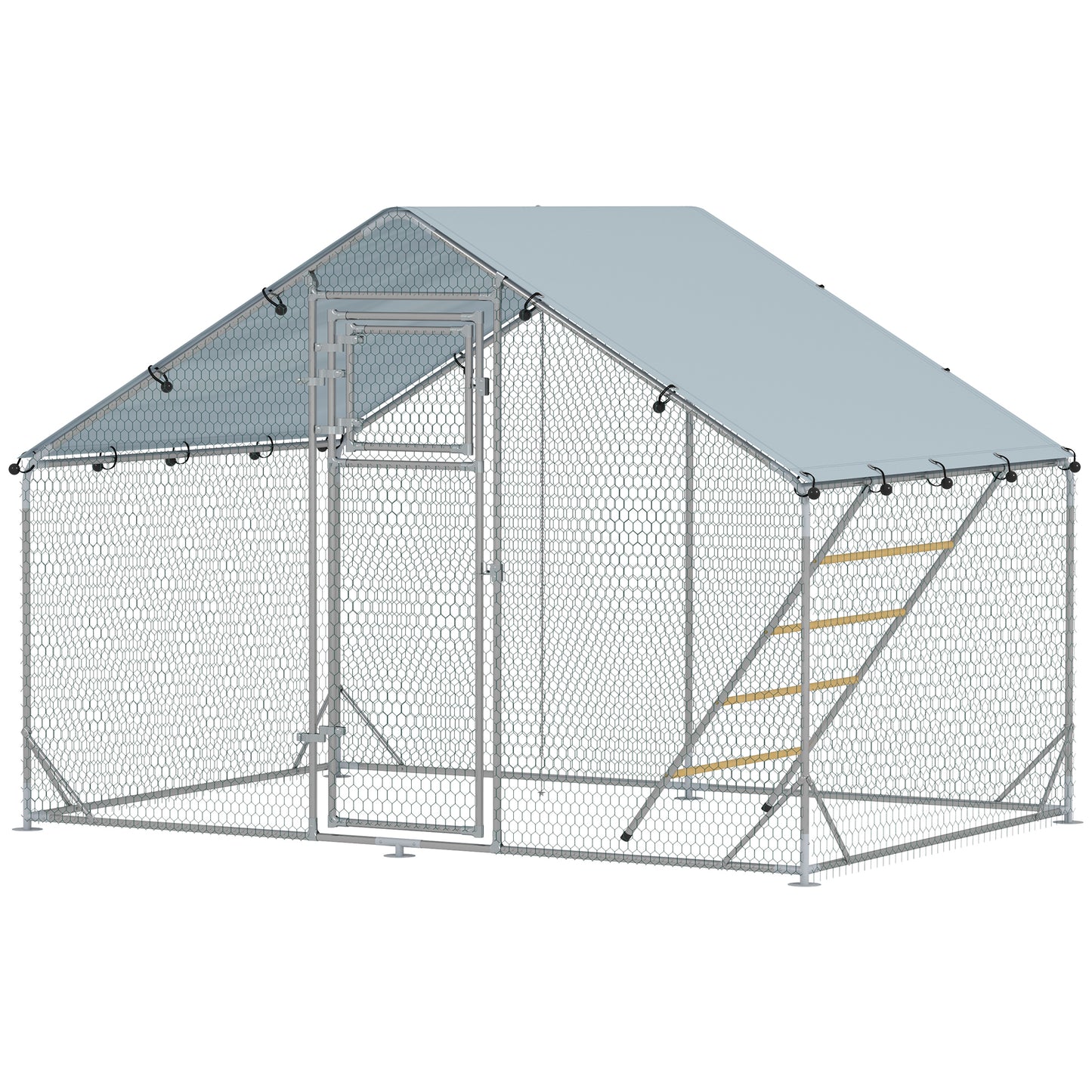Large Metal Chicken Run with Waterproof & UV-Resistant Cover, Feeding Door, Hanging Feeder, Perch for 6-8 Chickens